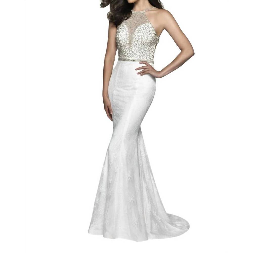 NEW BLUSH PROM beaded lace halterneck gown in diamond white